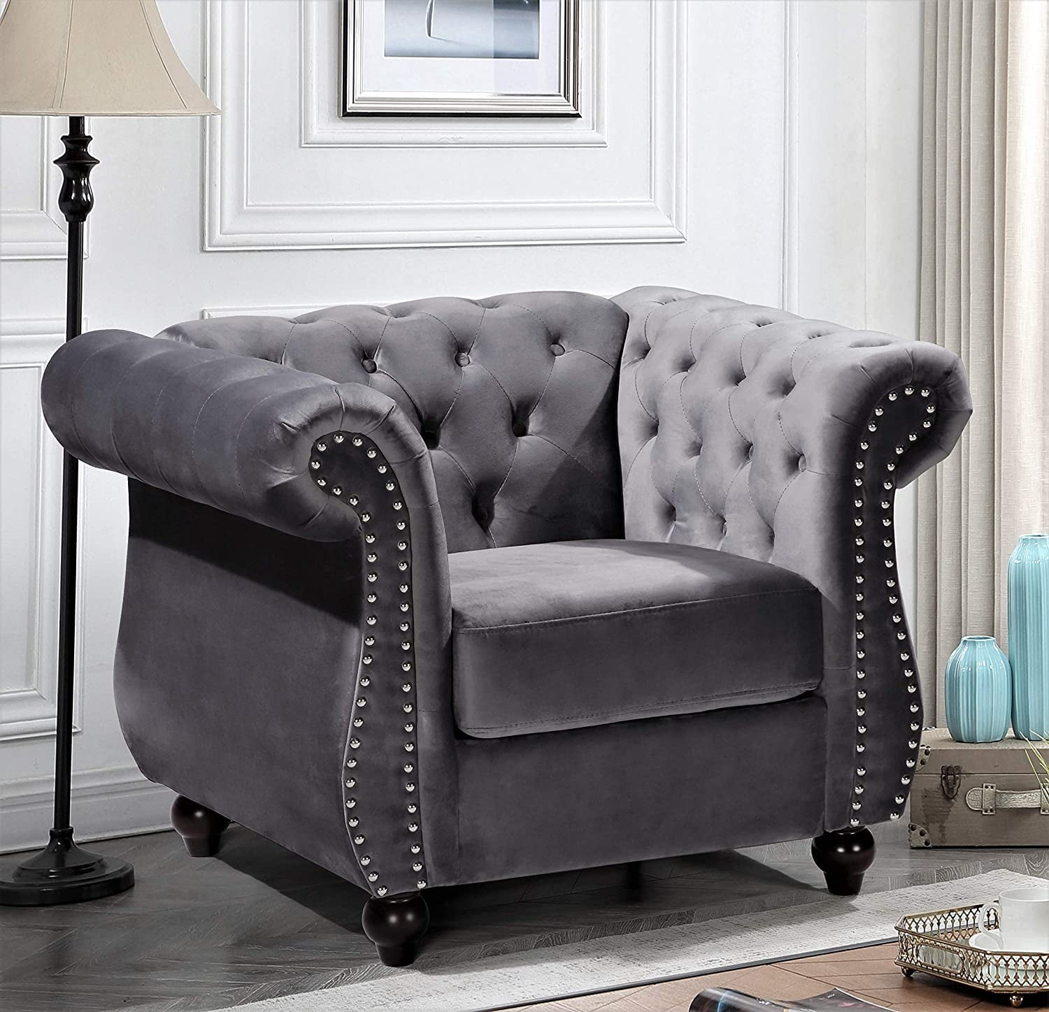 US Pride Furniture Chester 40.55 in. Wide Rolled Arm Velvet Modern Straight living Room Chair, Gray