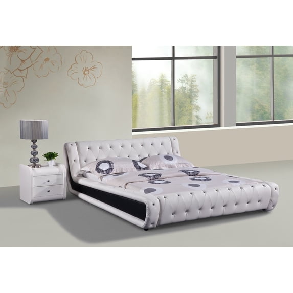 US Pride Furniture Dorian Contemporary Button Tufted Faux Leather Platform Bed, White/Black, California King
