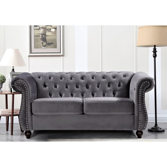 US Pride Furniture Fender 67.6'' Velvet Rolled Arm Chesterfield Loveseat, Gray