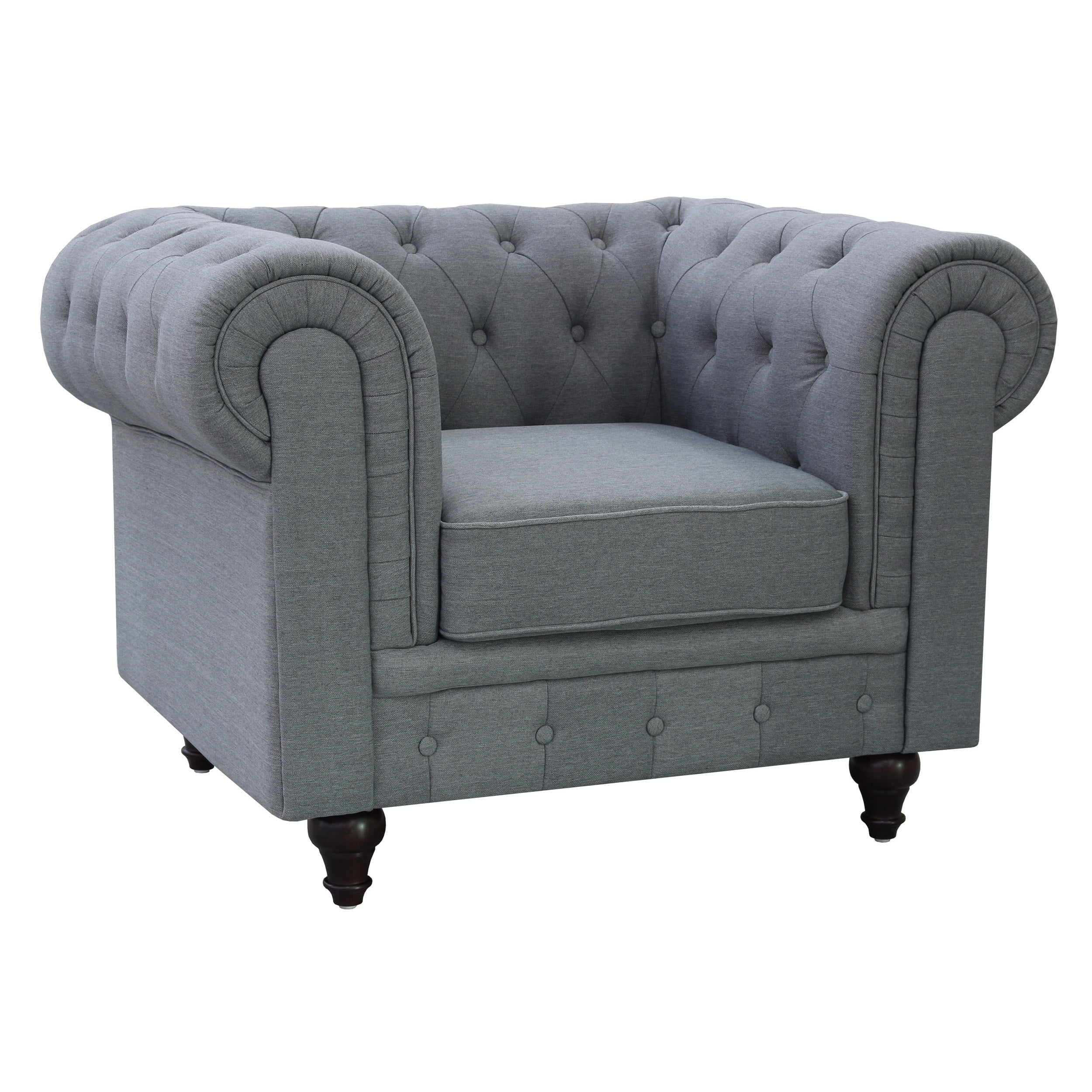 Gray Linen Chesterfield Chair with Brown Wood Legs