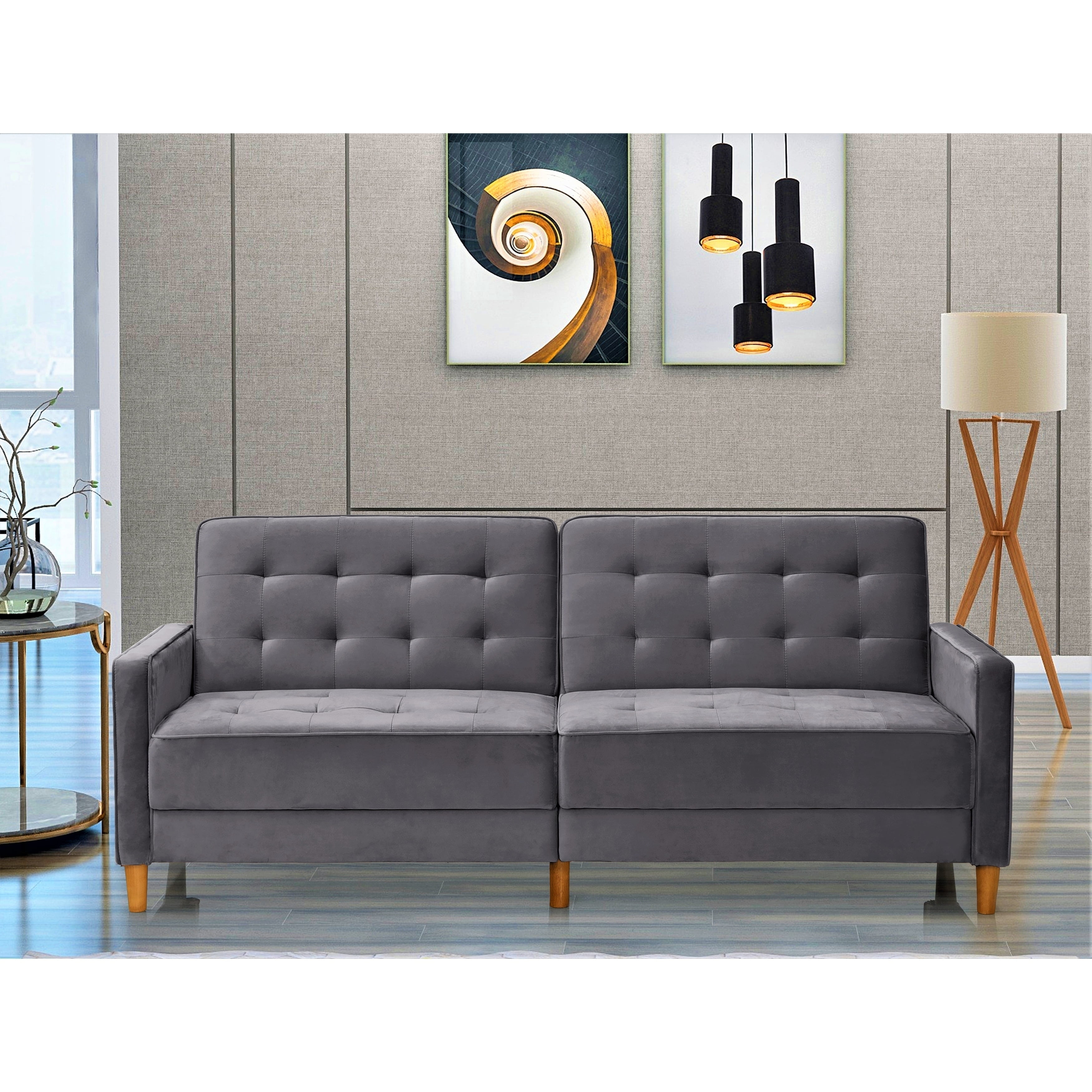 US Pride Furniture Jonathan Tufted Velvet Sofa Bed Sleeper Grey