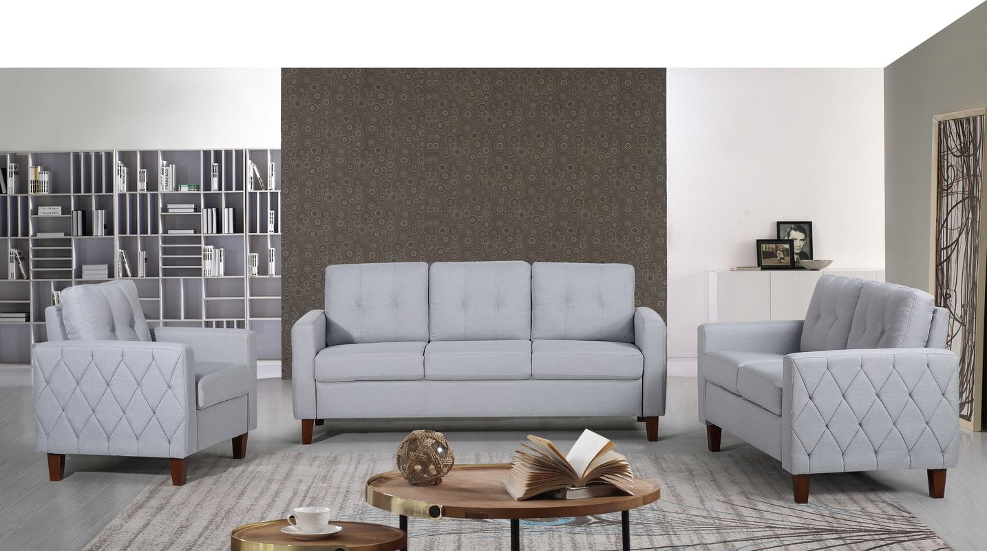 US Pride Furniture Kartier Mid-Century Linen Fabric 3 Piece Living Room Set, Light Gray