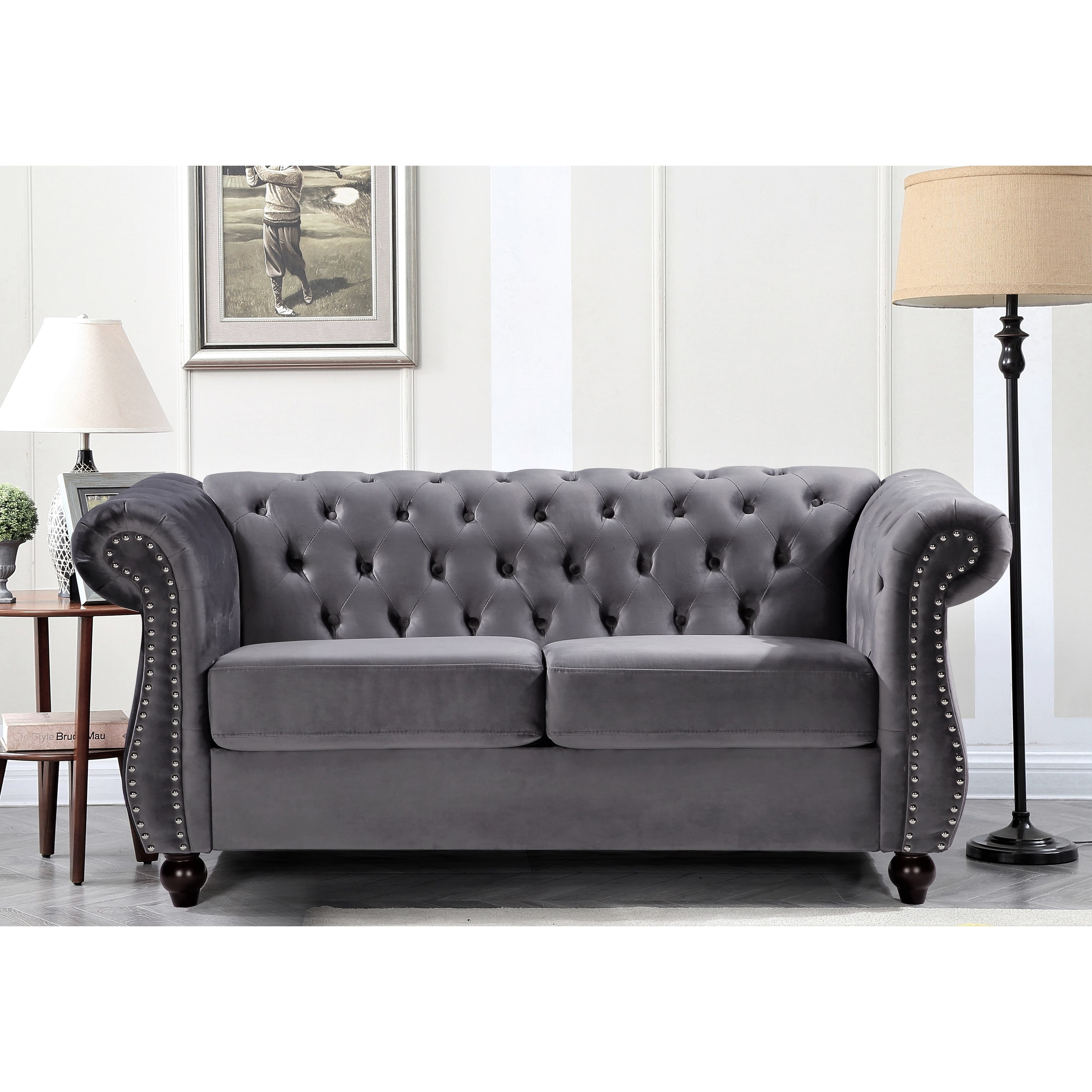 US Pride Furniture Kemos Velvet Chesterfield Loveseat Grey