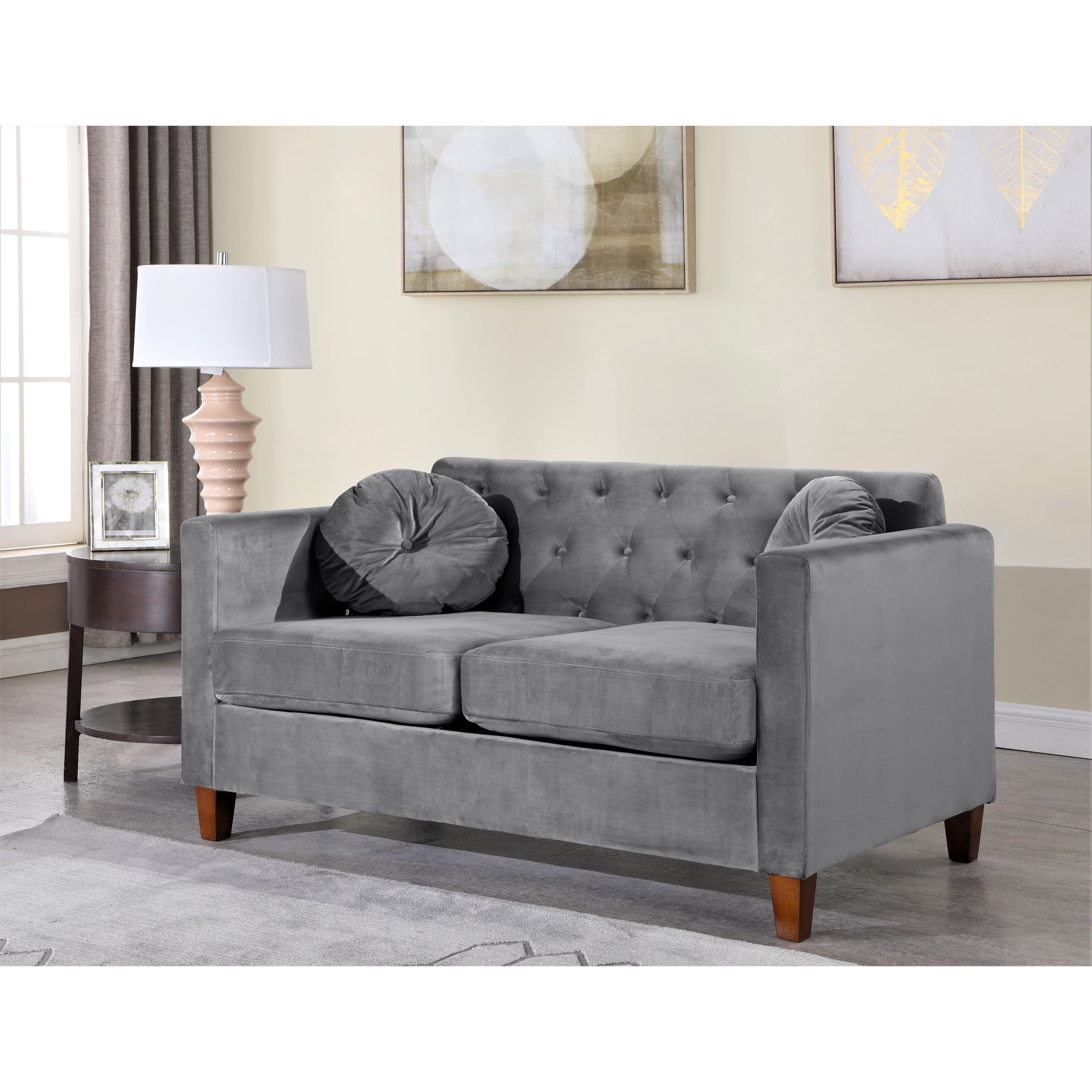 US Pride Furniture Lory Velvet Kitts Classic Chesterfield Loveseat Grey