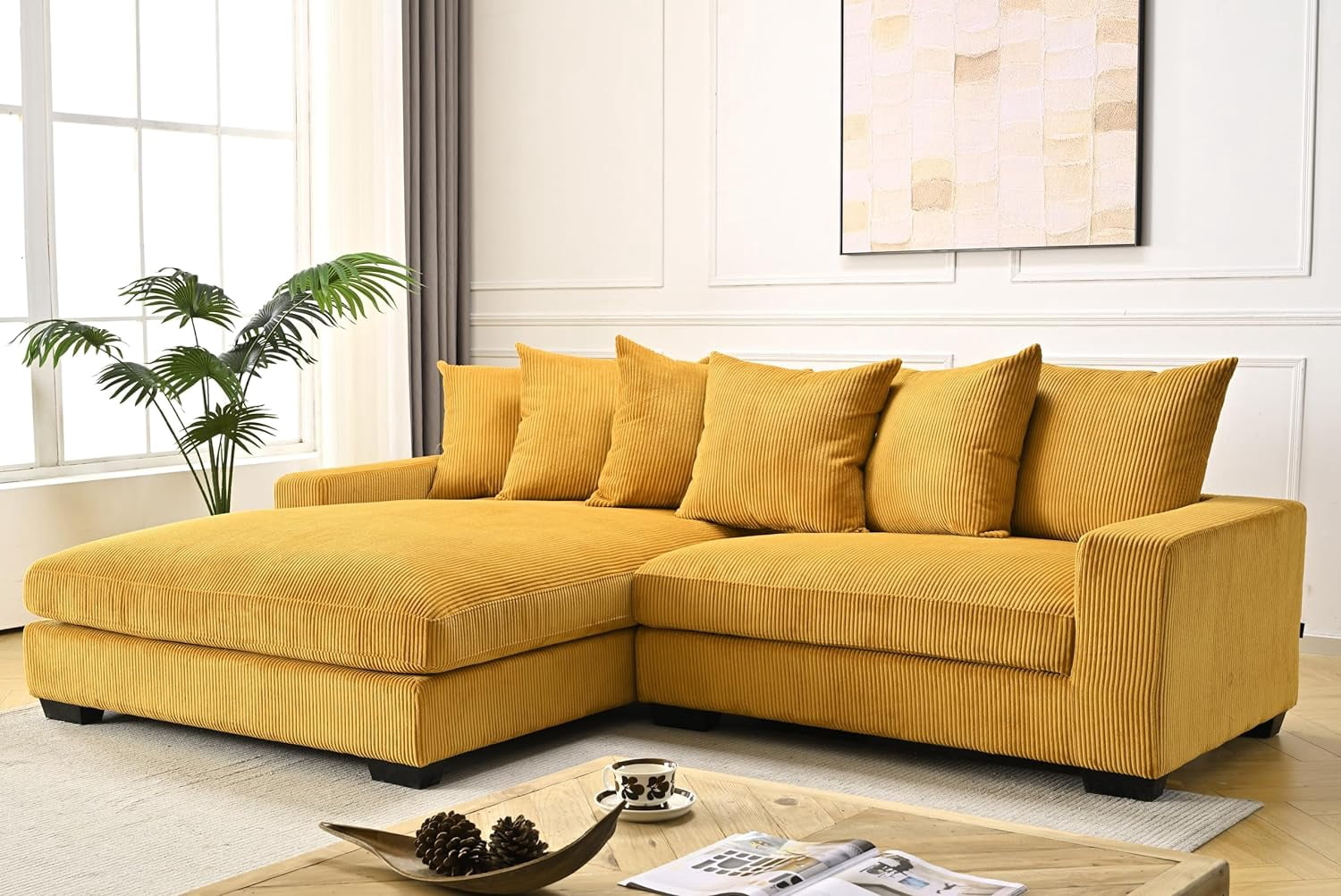 US Pride Furniture Luxe Oversized Two-Piece Sectional Couches for Living Room L Shaped Sofa with Chaise Upholstered with Corduroy Fabric Facing Left Yellow Ginger
