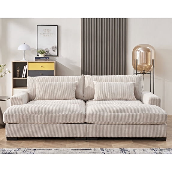 US Pride Furniture Luxe Sleeper Sofa with Soft Corduroy Upholstery Double Chaise Design Convertible to Twin Size Bed Modern and Comfortable Living Room Couch Extra Large Beige