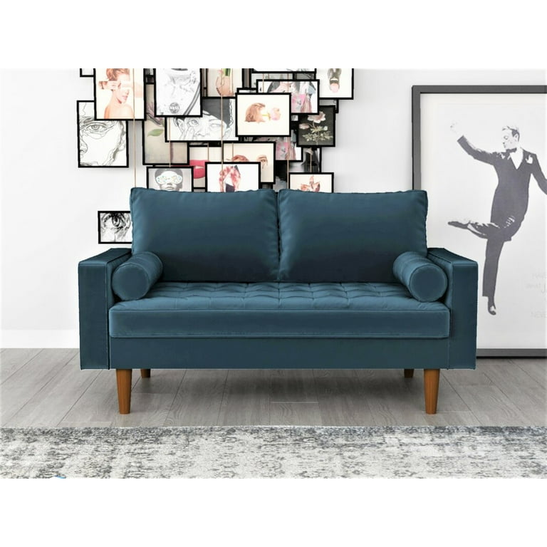 US Pride Furniture Modern Velvet Tufted Loveseat with Toss Pillow for Living Room Teal Blue
