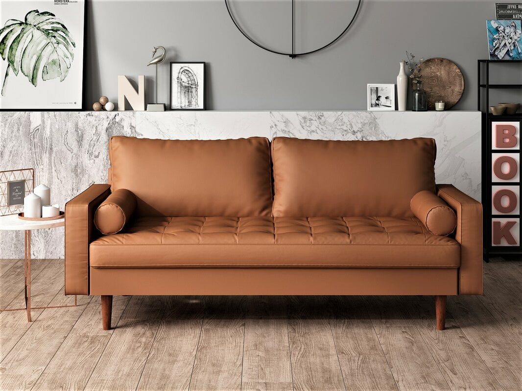 US Pride Furniture Mid-Century Gabler Loveseat in Faux Leather, Camel