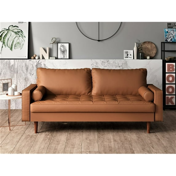 US Pride Furniture Mid-Century Gabler Loveseat in Faux Leather, Camel