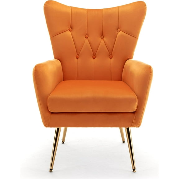 US Pride Furniture Modern Chic Mid-Century Velvet Accent Armchair for Living Room Bedroom or Home Office Button-Tufted Wingback Design with Gold Flared Legs Orange