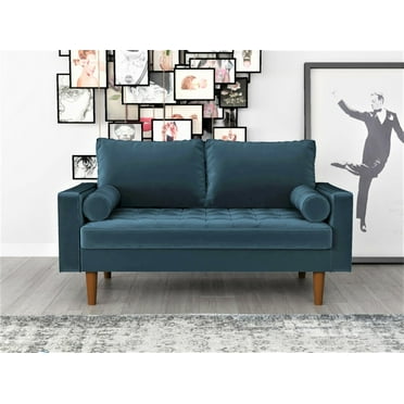 US Pride Furniture Modern Velvet Tufted Loveseat with Toss Pillow for Living Room, Teal Blue