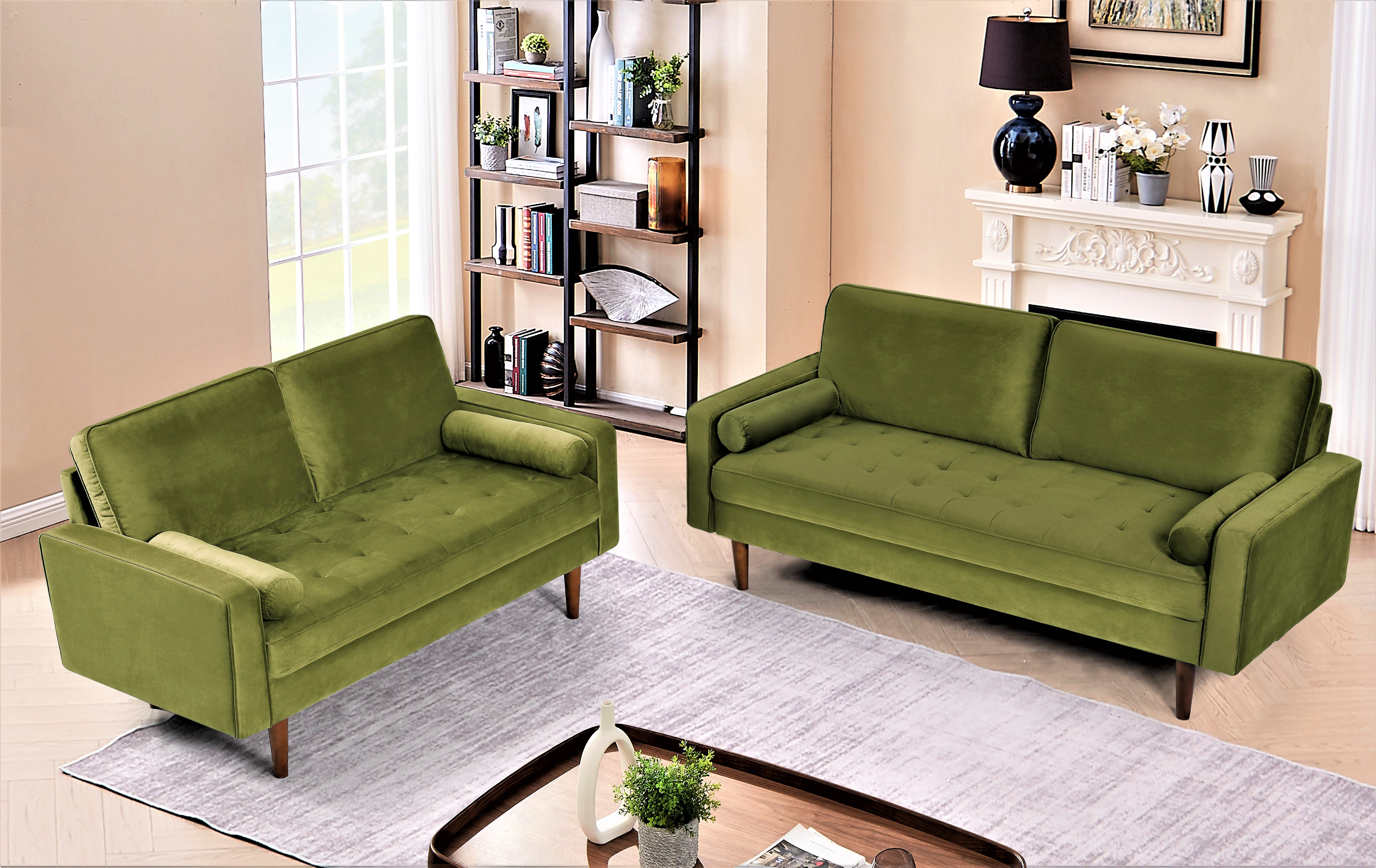 US Pride Furniture Monahan Velvet 2PC Living Room Sets Sofa Loveseat Olive Green