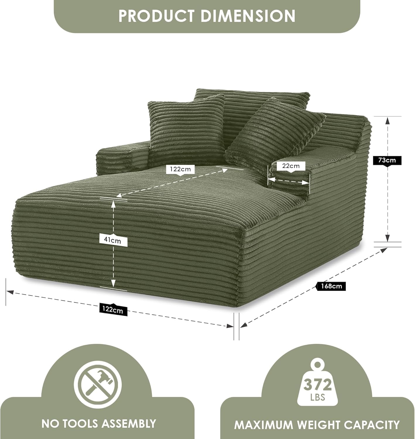 US Pride Furniture Oversized Cozy Corduroy, Foam Comfy Couch with 3 Throw Pillows, No Assembly Sleeper Sofabed for Living Room or Bedroom, Green