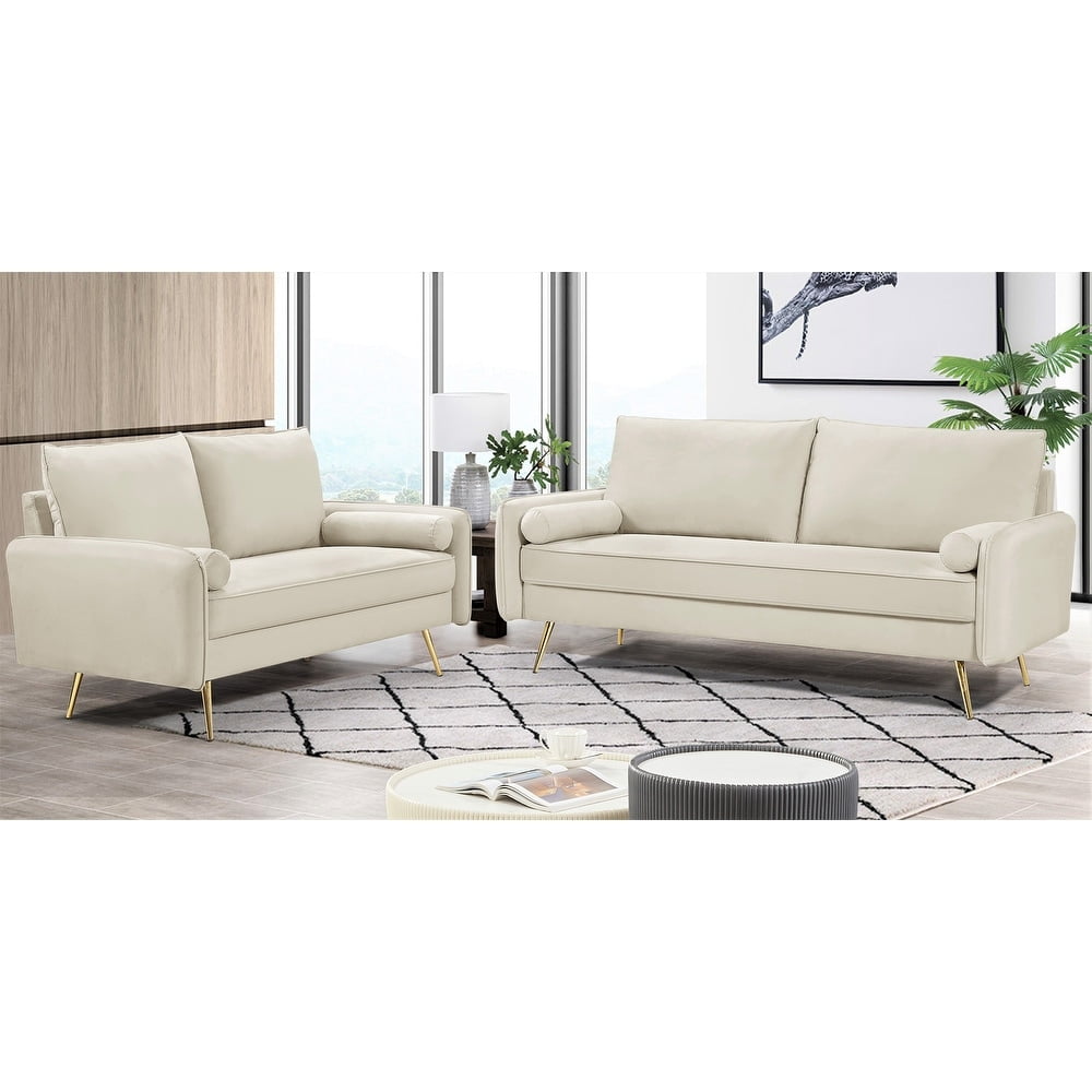 US Pride Furniture Villeda Velvet 2 PCS Living Room Set, Sofa & Loveseat,Ivory