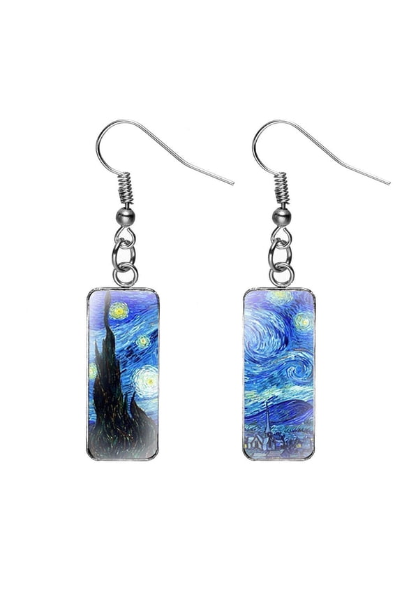 US Rectangle Starry Sky Sunflower Van Gogh Painting Glass Drop Dangle Earrings