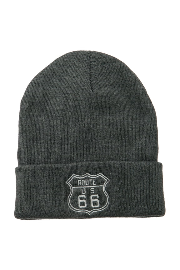 US Route 66 Embroidered Long Beanie - Grey OSFM