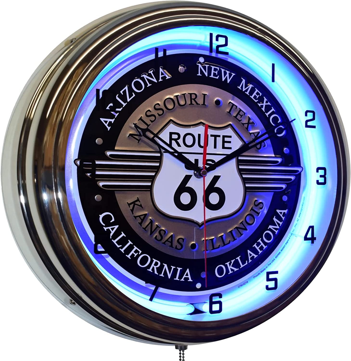 Retro Route 66 Blue Neon Wall Clock with ABS Frame