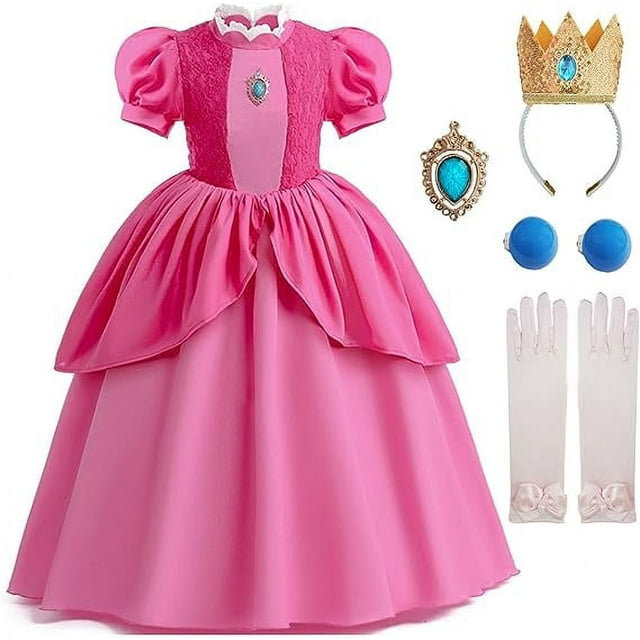 US STOCK Princess Peach Costume for Girls Outfit with accessories