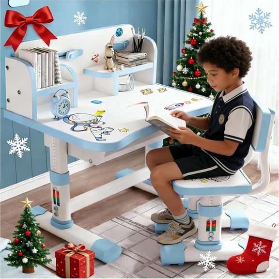 【US Shipped】 Kids Desk Chair Set, Children Table and Chair Set Multi Functional Widened Desktop with Tilt Book Stand Drawer Cartoon Pattern Height Adjustable School Study Desk Set for Boys Girls