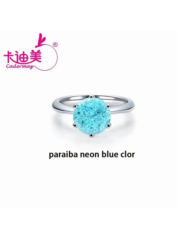 US Size 6 Neon Blue Paraiba Color Lab Grown Yttrium Aluminum Garnet with Inclusions Gemstone YAG 5mm Round Cut Silver S925 Silver Ring Women Jewelry