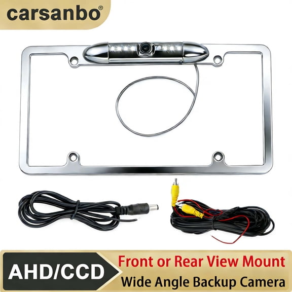US Size Universal Metal License Plate Frame AHD Backup Camera, 170° Wide Angle Night Vision Waterproof Rear View Car Safety Camera