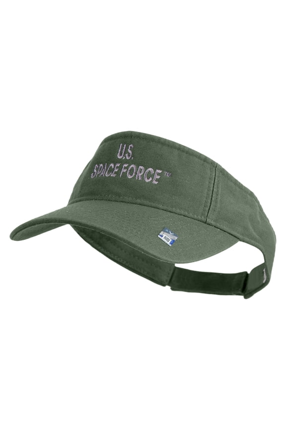 US Space Force Grey Letter Design Embroidered Pro Style Cotton Twill Washed Visor - Olive OSFM