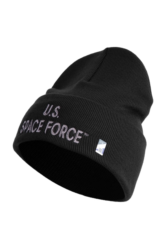 US Space Force Grey Letter Logo Embroidered 12 Inch Solid Knit Cuff Long Beanie Made in USA - Black OSFM