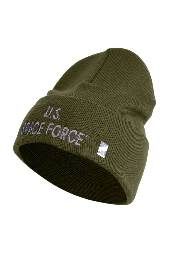US Space Force Grey Letter Logo Embroidered 12 Inch Solid Knit Cuff Long Beanie Made in USA - Olive OSFM