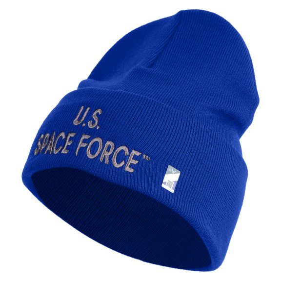 US Space Force Grey Letter Logo Embroidered 12 Inch Solid Knit Cuff Long Beanie Made in USA - Royal Blue OSFM