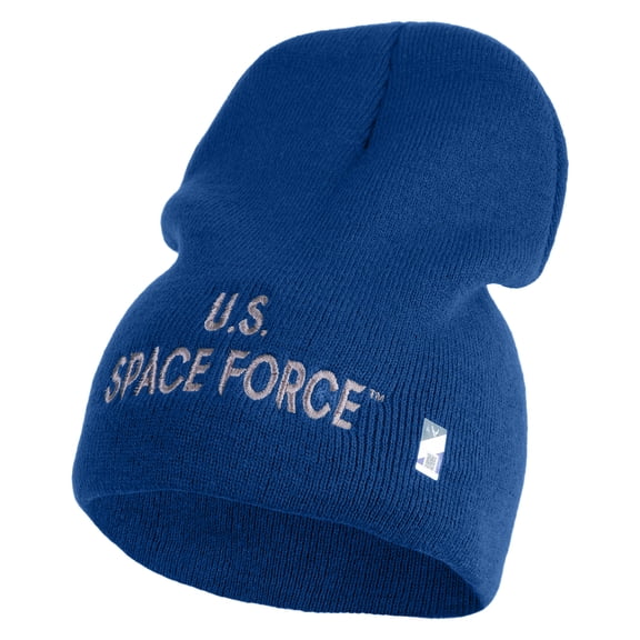 US Space Force Grey Letter Symbol Embroidered 8 Inch Solid Knit Short Beanie Made in USA - Royal Blue OSFM