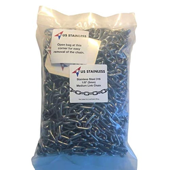 US Stainless Stainless Steel 316 Chain 1/8" (3mm) Medium Link Chain in Poly Bag (25')
