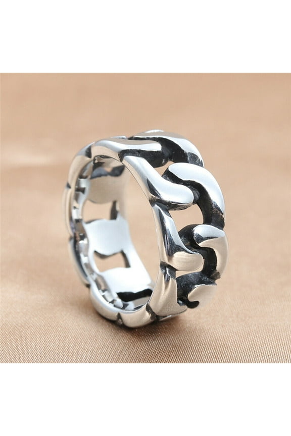 US Stainless Steel Cuban Link Ring Wide Curb Chain Band Biker Twisted Dome Ring