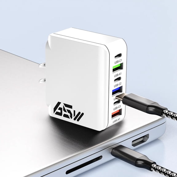 US Standard 65W Multi Port Fast Charging Charger, 6-in-1 USB Fast Charging Head Compatibled, with Multiple Devices, 3 USB-C and 3 USB-A Ports, Intelligent Temperature Control Technology