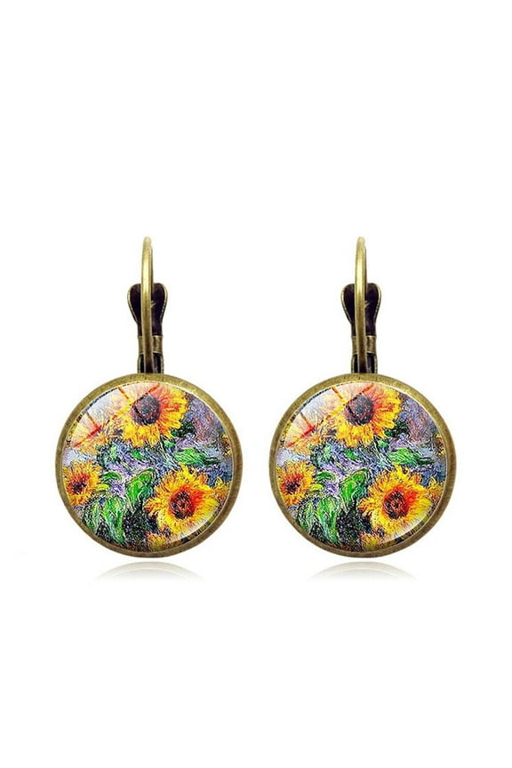 US Starry Night Van Gogh Sunflower Landscape Painting Glass Drop Dangle Earrings