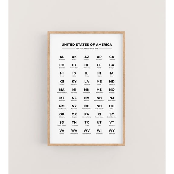 US State Abbreviation Chart 50 States List Poster, Unframed Canvas 8x10in