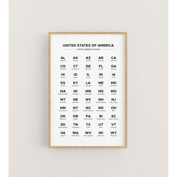 US State Abbreviation Chart Alphabetical Order 50 States Two Letter Names, Unframed Paper Poster 11x14in