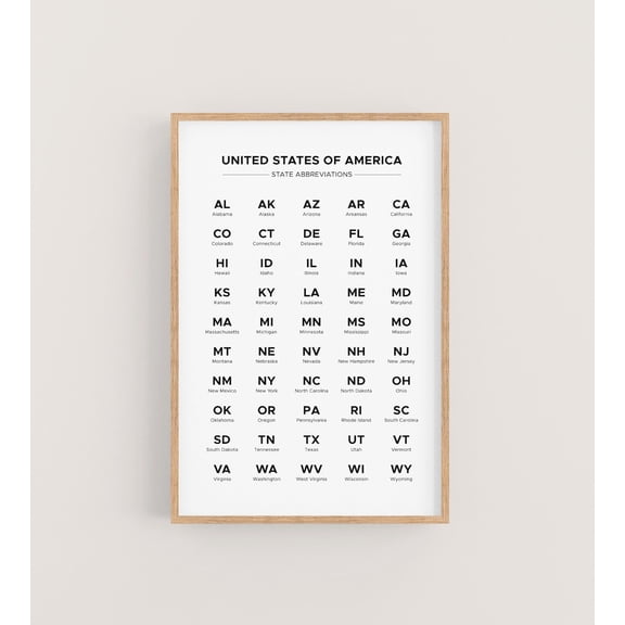 US State Abbreviation Chart Alphabetical Order 50 States Two Letter Names, Unframed Paper Poster 8x10in