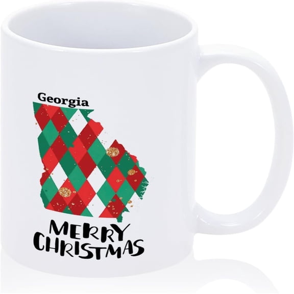 US State Coffee Mug Georgia Coffee Mug 11oz Red and Green Rhombus Ceramic Mug Christmas Theme Georgia Map Cup Best Or Souvenir for Couples Anniversary Holiday