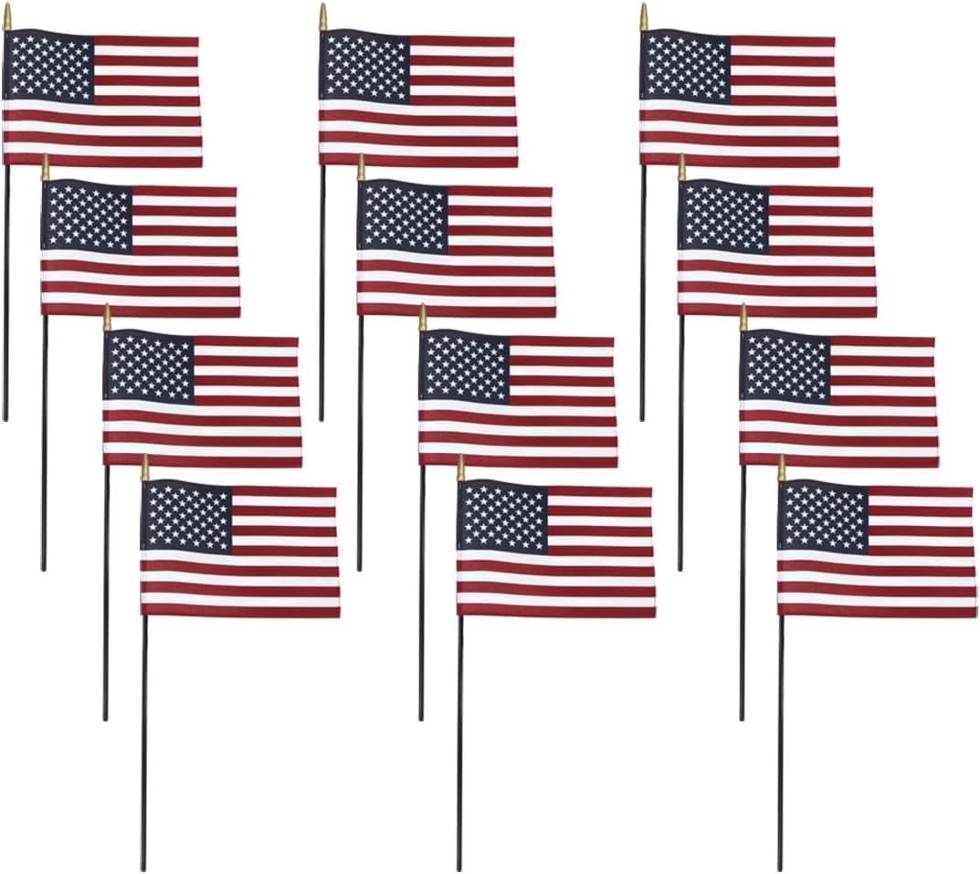 Super Tough Small American Stick Flags 8’’x12’’ | Cotton Outdoor Flag on Black Wooden Stick | Mini Flags Patriotic Decor for Various Holiday Parties and National Flag Day | 12 Pack
