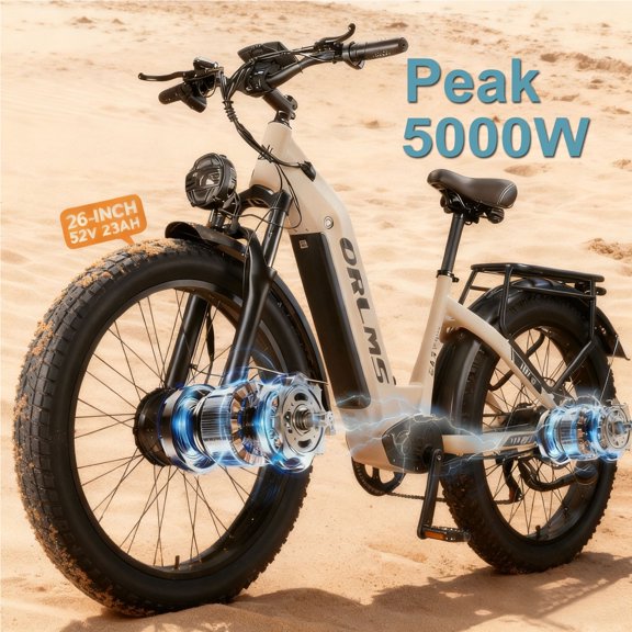 (US in Stock)5000W (Peak) Electric Bike for Adults, 52V 23AH Battery Electric-Bike, Dual-Motor-Ebike 40mph Ebike, 26*4.0 Fat Tire Ebike, AWD 7-Speed E-Mountain Bicycle for Off-Road Snow Sand
