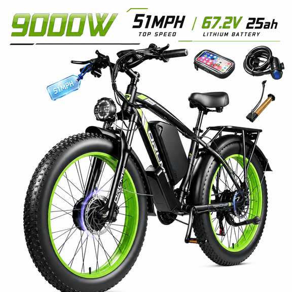(US in Stock) 9000W Dual Motor Electric Cycle for Adults, 60V 25AH Battery, 45-50MPH & 100 Miles, Front Suspension, 26" Fat Tire, Hydraulic Brake, 21-Speed, Off-Road Cycle for Snow Sand