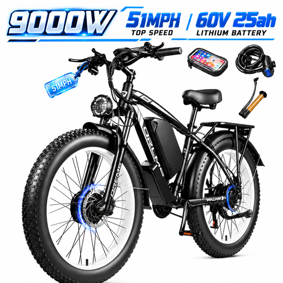 (US in Stock) 9000W Dual Motor Electric Cycle for Adults, 60V 25AH Battery, 45-50MPH & 100 Miles, Front Suspension, 26" Fat Tire, Hydraulic Brake, 21-Speed, Off-Road Cycle for Snow Sand