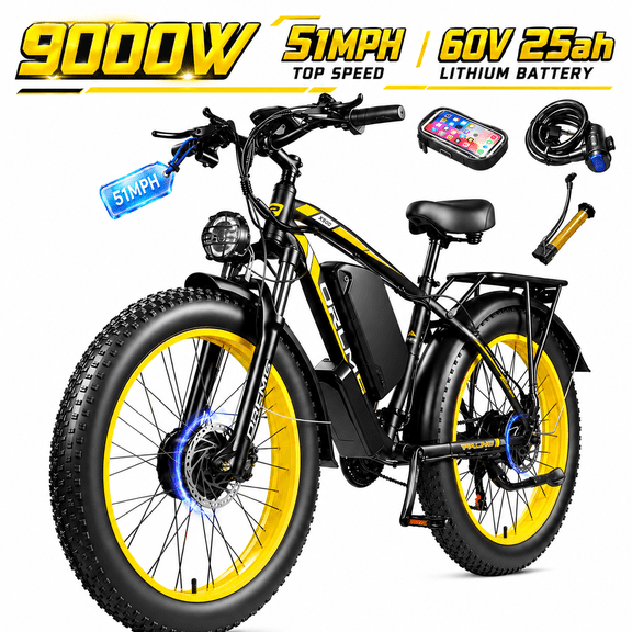 (US in Stock) 9000W Dual Motor Electric Cycle for Adults, 60V 25AH Battery, 45-50MPH & 100 Miles, Front Suspension, 26" Fat Tire, Hydraulic Brake, 21-Speed, Off-Road Cycle for Snow Sand