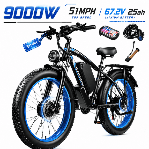 (US in Stock) 9000W Dual Motor Electric Cycle for Adults, 60V 25AH Battery, 45-50MPH & 100 Miles, Front Suspension, 26" Fat Tire, Hydraulic Brake, 21-Speed, Off-Road Cycle for Snow Sand