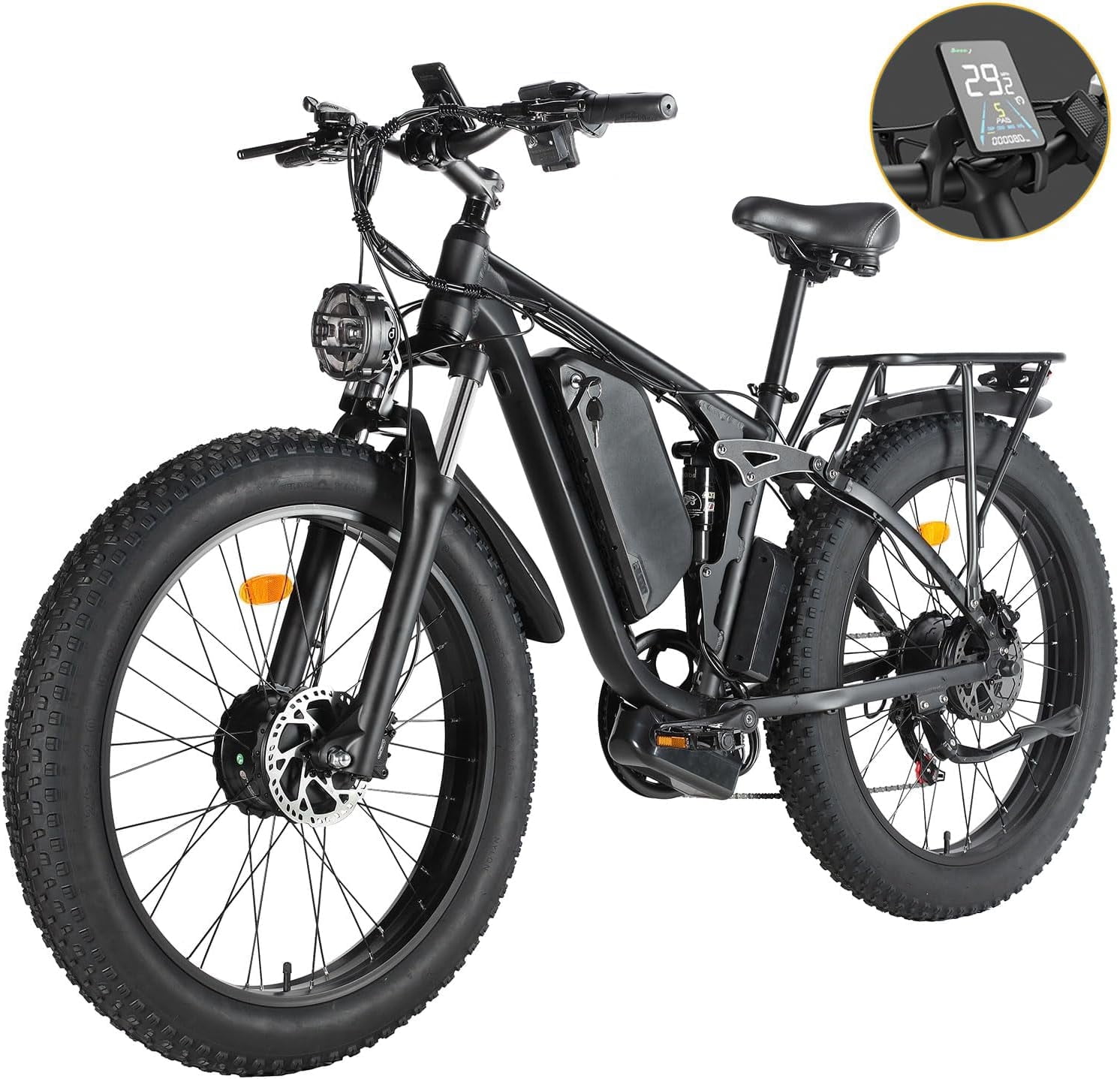 US Stock SMLRO V3 Fat Tire Electric Bike for Adults, 48V 22.4Ah 2000w 35MPH Ebikes Dual Motor 26” AWD Electric Mountain Bicycles with Rear Shock Absorber