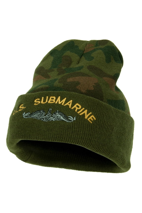 US Submarine Logo Military Embroidered Camo Long Beanie - Green OSFM