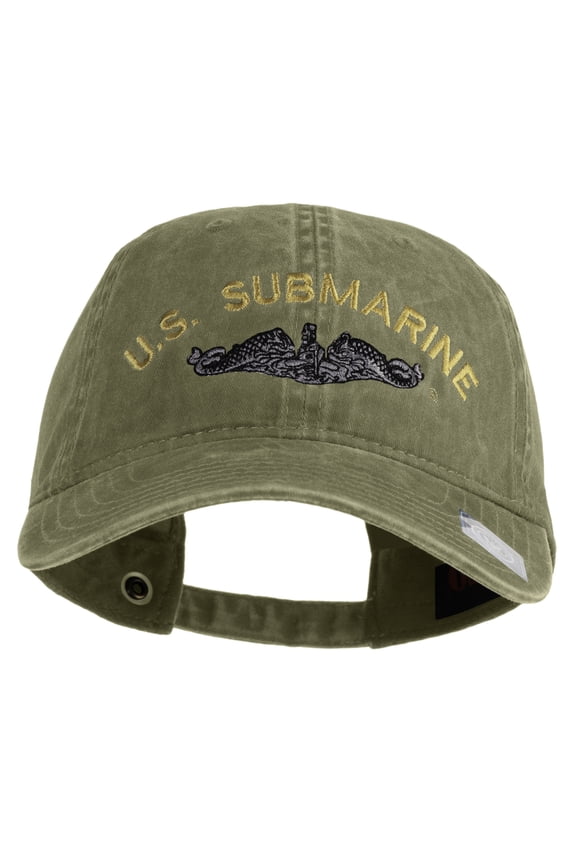 US Submarine Logo Military Embroidered Washed Solid Pigment Dyed Cotton Twill Brass Buckle Cap - Khaki OSFM