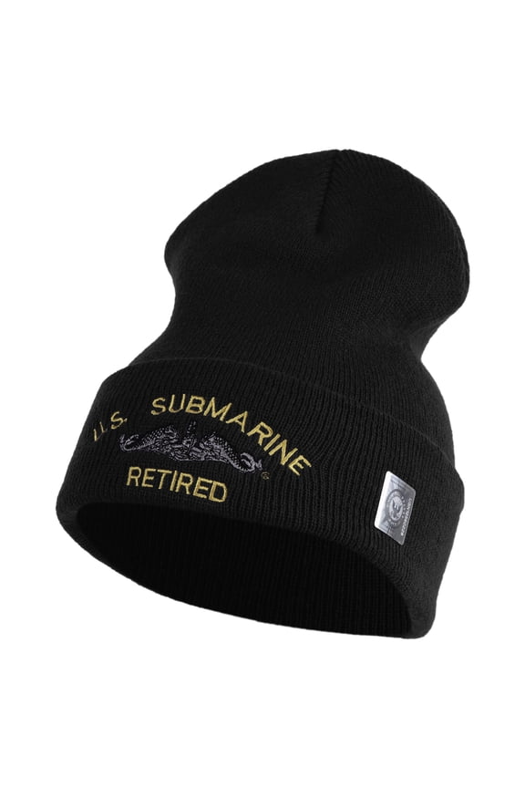 US Submarine Retired Military Embroidered 12 inch Cuffed Knit YP Long Beanie - Black OSFM