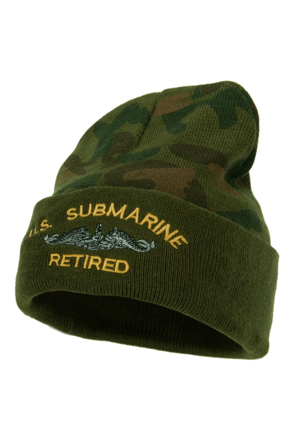 US Submarine Retired Military Embroidered Camo Long Beanie - Green OSFM