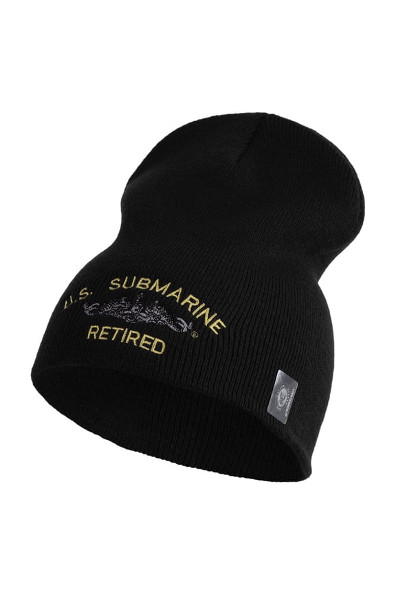 US Submarine Retired Symbol Embroidered Heavyweight Classic Knit YP Short Beanie - Black OSFM